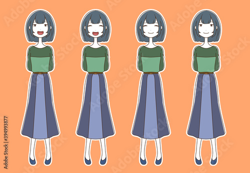 白フチつきの手を後ろに回して立っている笑顔の女性の全身イラストのセット