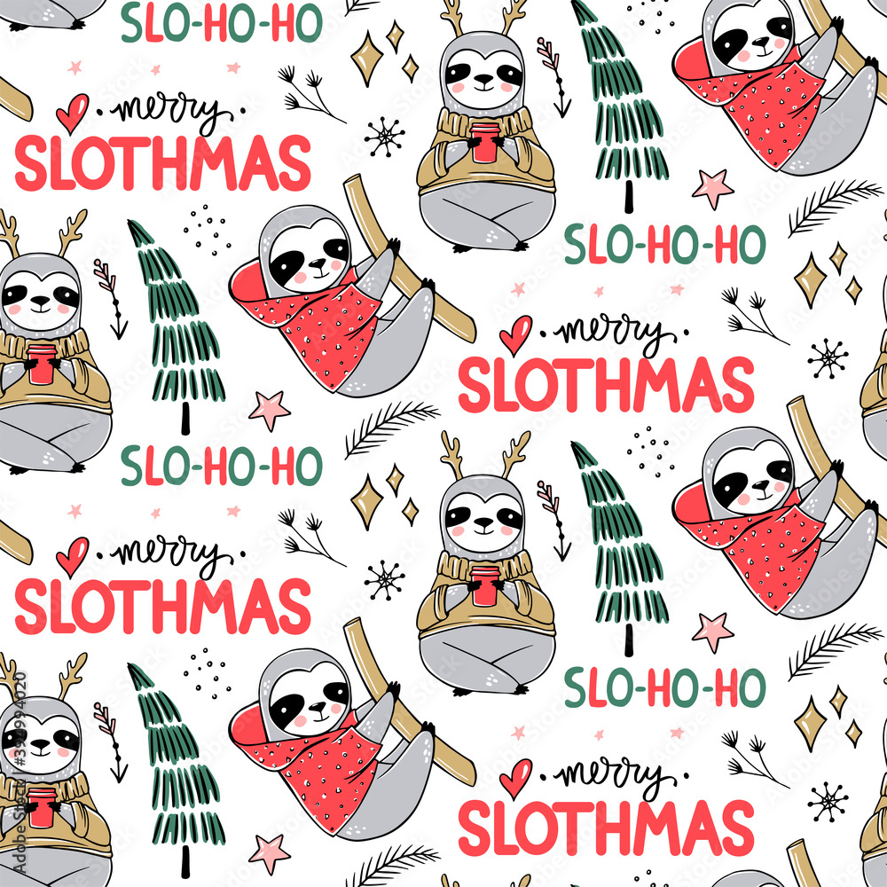 Fototapeta premium Cute Sloth seamless pattern, winter cozy background. Doodle lazy sloth bear with ugly sweater, cup of coffee.