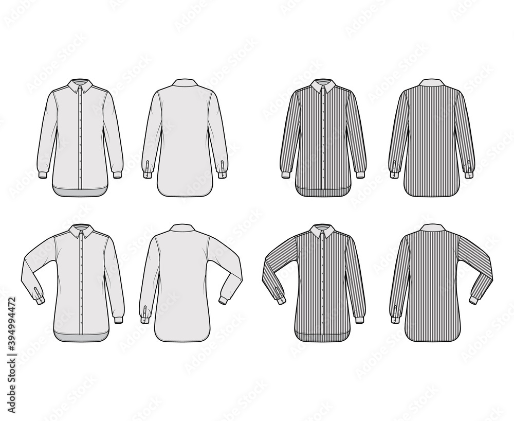 Set of Shirt classic and cleric stripe technical fashion illustration with long sleeves, relax fit, button-down, regular collar. Flat template front, back grey color. Women men unisex top CAD mockup Set of Shirt classic and cleric stripe technical fashion illustration with long sleeves, relax fit, button-down, regular collar. Flat template front, back grey color. Women men unisex top CAD mockup