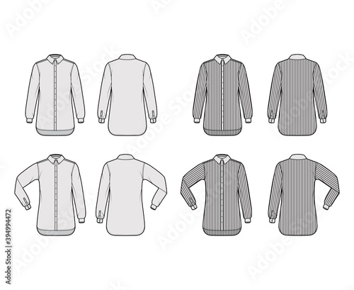 Set of Shirt classic and cleric stripe technical fashion illustration with long sleeves, relax fit, button-down, regular collar. Flat template front, back grey color. Women men unisex top CAD mockup