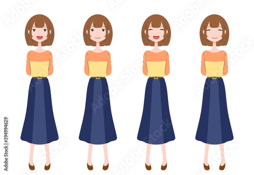 手を後ろに回して立っている笑顔の女性の全身イラストのセット