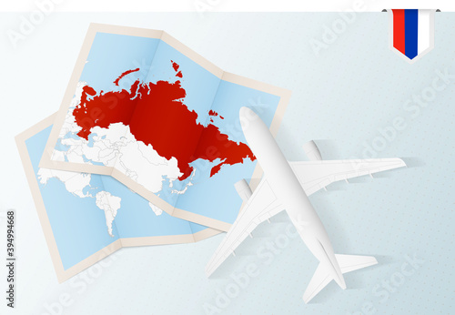 Travel to Russia, top view airplane with map and flag of Russia.