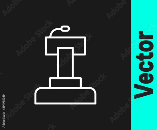 White line Stage stand or debate podium rostrum icon isolated on black background. Conference speech tribune. Vector.