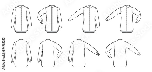 Set of Shirt button-down technical fashion illustration with elbow fold  straight long sleeves  oversized  regular collar. Flat template front  back white color. Women men unisex top CAD mockup