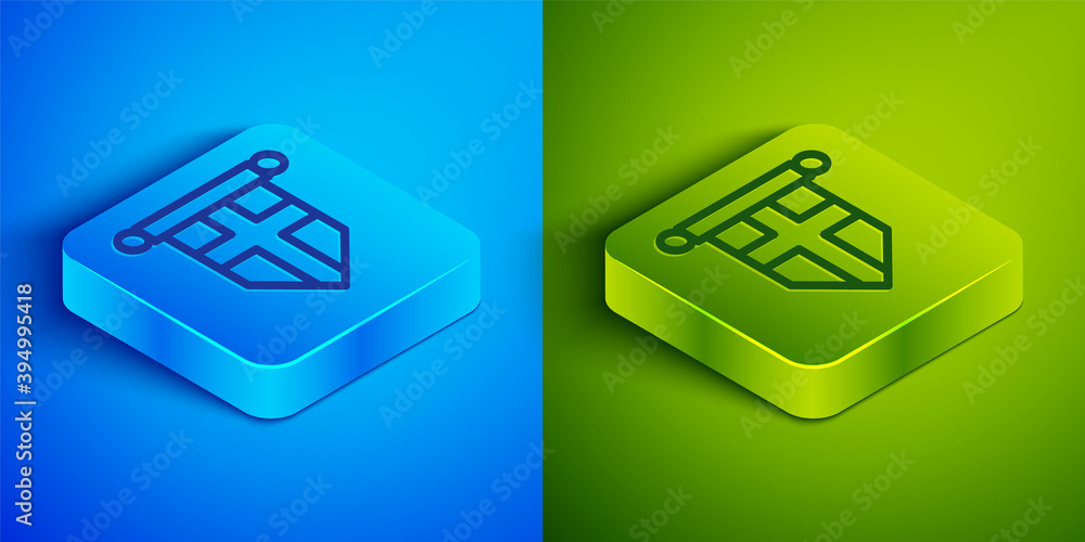 Isometric line England flag on pennant icon isolated on blue and green background. Square button. Vector. Isometric line England flag on pennant icon isolated on blue and green background. Square button. Vector.