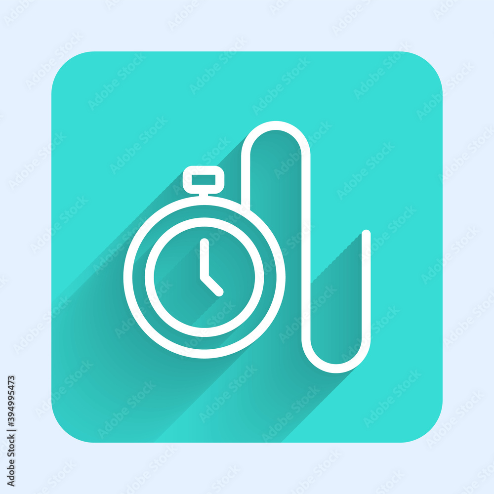 White line Watch with a chain icon isolated with long shadow. Green square button. Vector. White line Watch with a chain icon isolated with long shadow. Green square button. Vector.