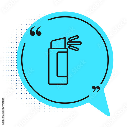 Black line Pepper spray icon isolated on white background. OC gas. Capsicum self defense aerosol. Blue speech bubble symbol. Vector.