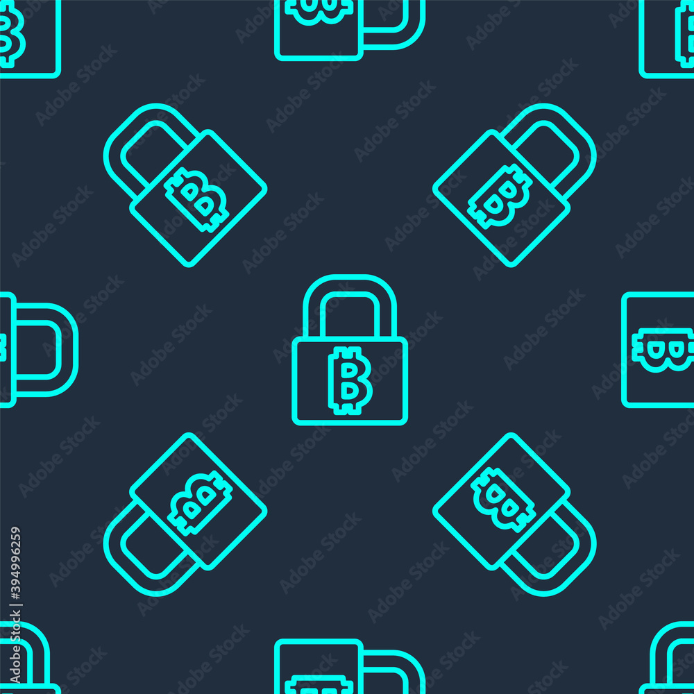 Green line Lock with bitcoin icon isolated seamless pattern on blue background. Cryptocurrency mining, blockchain technology, security, protect, digital money. Vector. Green line Lock with bitcoin icon isolated seamless pattern on blue background. Cryptocurrency mining, blockchain technology, security, protect, digital money. Vector.