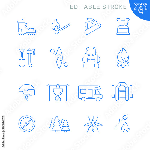 Outdoor and camping related icons. Editable stroke. Thin vector icon set