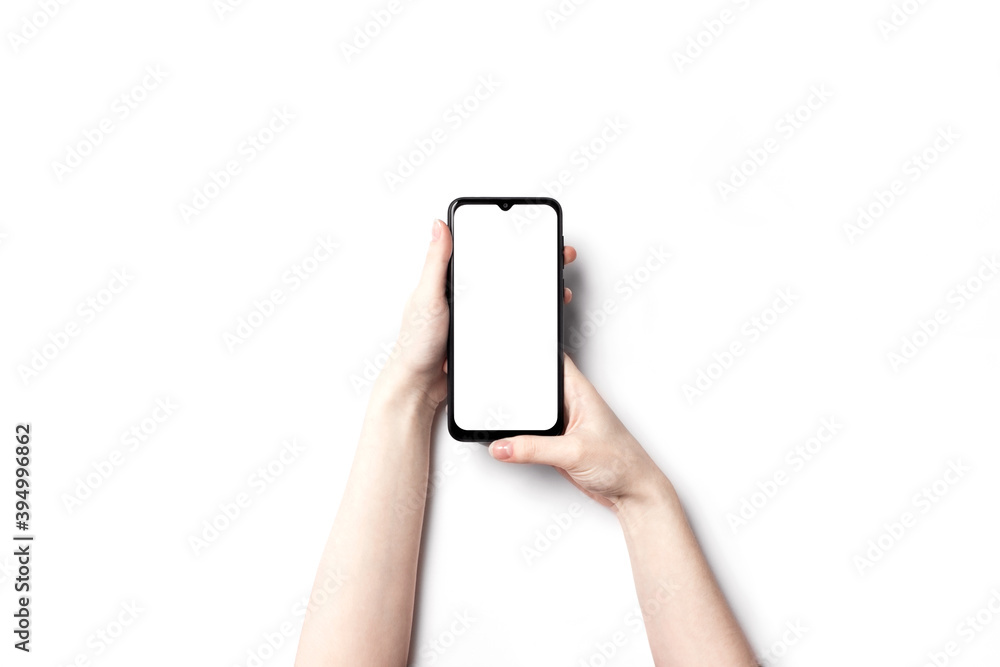 Smartphone mockup. Hand holding new black smartphone with white screen display on white background, copy space. Empty template for advertising. Cell blank mockup. Communication, social media concept. Smartphone mockup. Hand holding new black smartphone with white screen display on white background, copy space. Empty template for advertising. Cell blank mockup. Communication, social media concept.