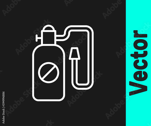 White line Pressure sprayer for extermination of insects icon isolated on black background. Pest control service. Disinfectant sprayer. Vector.