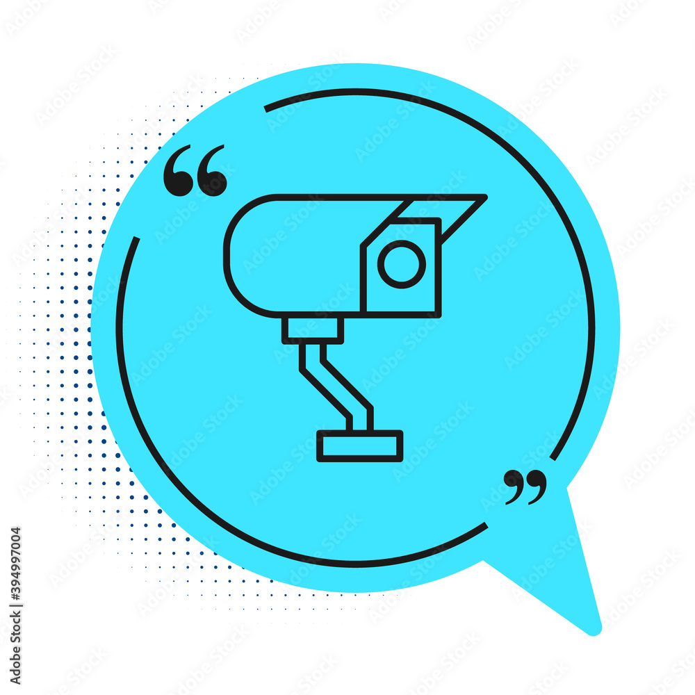 Black line Security camera icon isolated on white background. Blue speech bubble symbol. Vector. Black line Security camera icon isolated on white background. Blue speech bubble symbol. Vector.