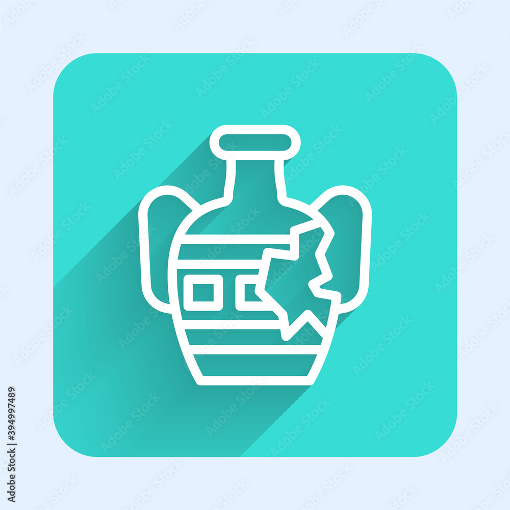 White line Broken ancient amphorae icon isolated with long shadow. Green square button. Vector. White line Broken ancient amphorae icon isolated with long shadow. Green square button. Vector.