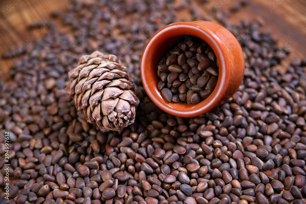 Fototapeta premium Composition with pine nuts and cones, clay and birch bark dishes on a wooden background.