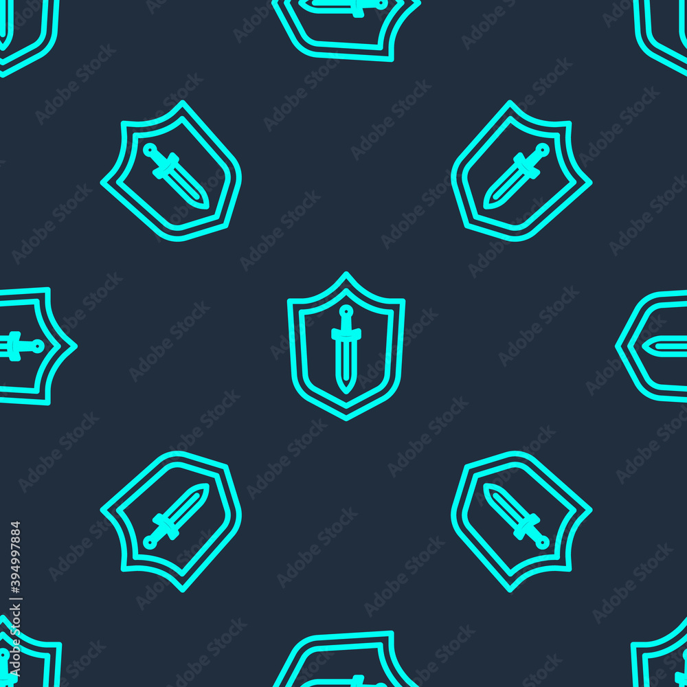Green line Medieval shield with sword icon isolated seamless pattern on blue background. Vector. Green line Medieval shield with sword icon isolated seamless pattern on blue background. Vector.