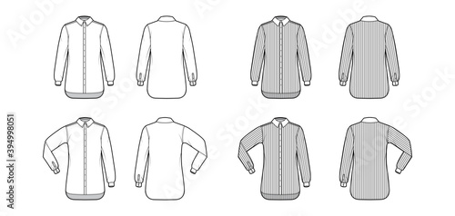 Set of Shirt classic and cleric stripe technical fashion illustration with long sleeves, relax fit, button-down, regular collar. Flat template front, back white, color. Women men top CAD mockup
