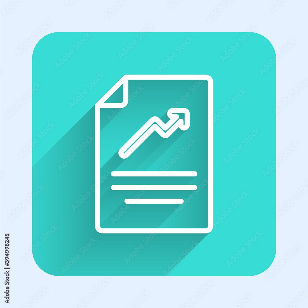 White line Document with graph chart icon isolated with long shadow. Report text file icon. Accounting sign. Audit, analysis, planning. Green square button. Vector. White line Document with graph chart icon isolated with long shadow. Report text file icon. Accounting sign. Audit, analysis, planning. Green square button. Vector.