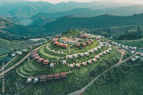 Εκτύπωση καμβά Aerial view of camping grounds and tents on Doi Mon Cham mountain in Mae Rim, Ch