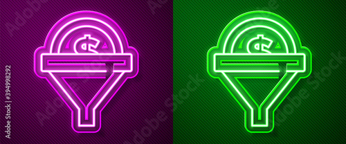 Glowing neon line Lead management icon isolated on purple and green background. Funnel with money. Target client business concept. Vector.