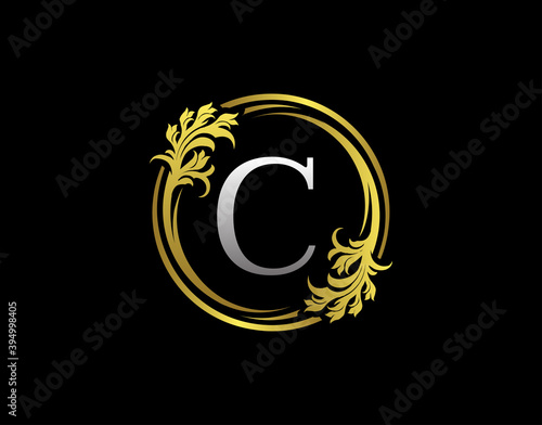 Luxury Circle C Letter Floral Logo. Royal Gold C Swirl Vector Icon.