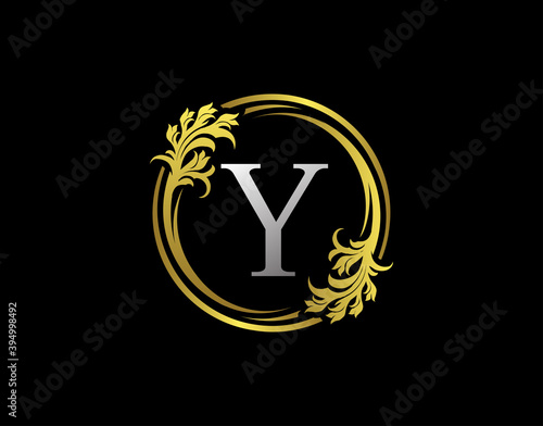Luxury Circle Y Letter Floral Logo. Royal Gold Y Swirl Vector Icon.