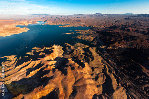 Aerial shot of the Colorado River area near the famous Hoover Dam. Glen Canyon, Lake Powell. Nevada, USA. 