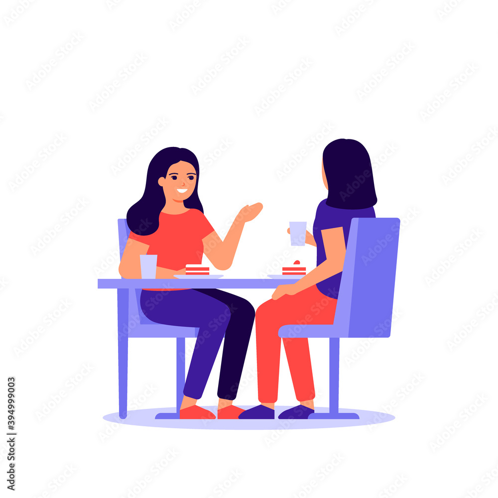 Happy women are sitting together at table, talking and eating. Happy friends celebrate holiday and eat cake. Girls taste food at home, in restaurant or cafe. Vector illustration