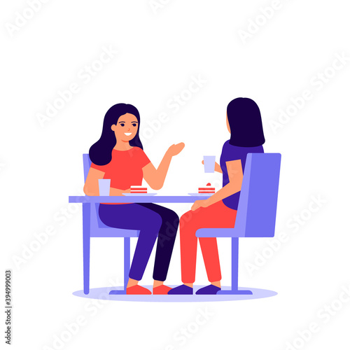 Happy women are sitting together at table, talking and eating. Happy friends celebrate holiday and eat cake. Girls taste food at home, in restaurant or cafe. Vector illustration