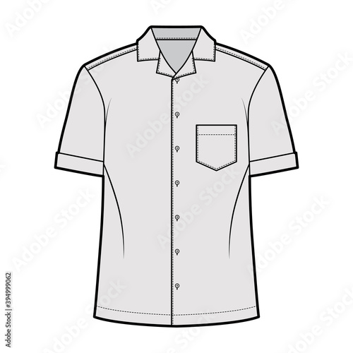 Shirt camp technical fashion illustration with short sleeves, angled patch pocket, relax fit, button-down, open collar. Flat template front, grey color. Women men unisex top CAD mockup