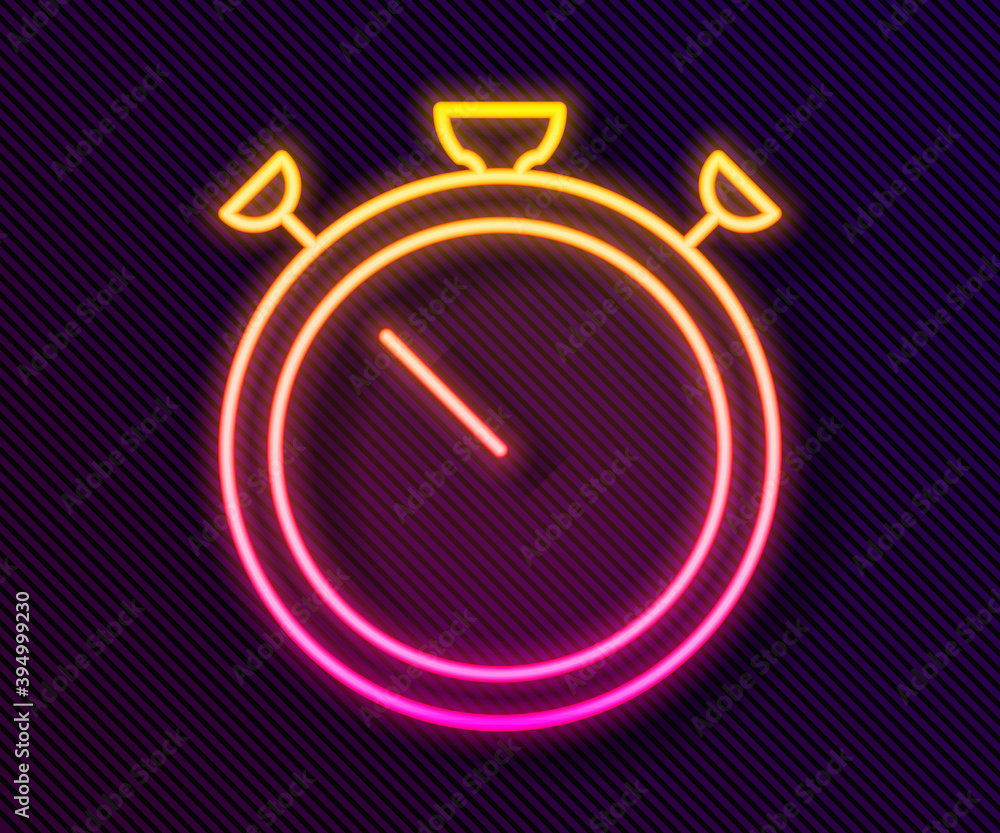 Glowing neon line Stopwatch icon isolated on black background. Time timer sign. Chronometer sign. Vector.