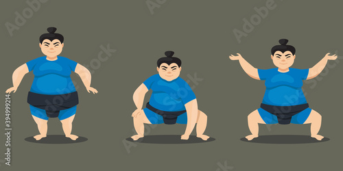 Sumo wrestler in different poses. Female character in cartoon style.