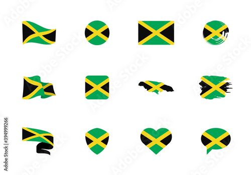 Jamaica flag - flat collection. Flags of different shaped twelve flat icons.