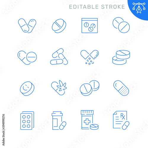 Pills related icons. Editable stroke. Thin vector icon set
