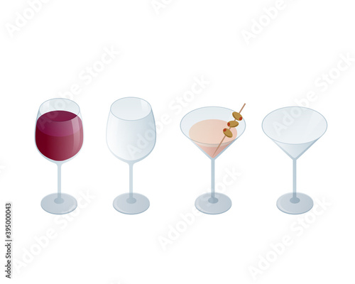 Isometric set of transparent Glass Goblets. Drinks of Red Wine and Olive Martini Cocktail