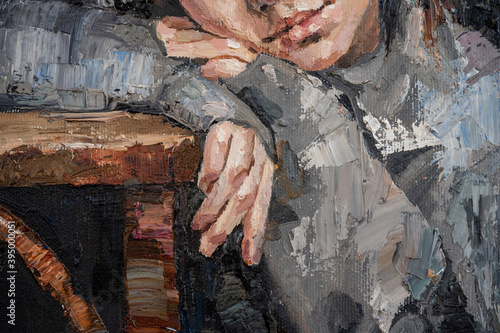Fragment of portrait  young girl, on a gray-blue cold background. Oil peinting on canvas. photo