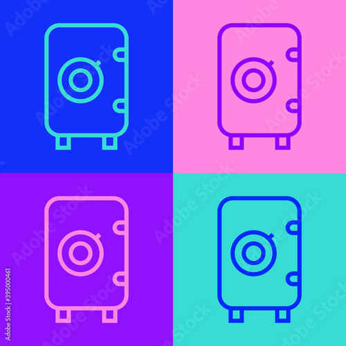 Pop art line Safe icon isolated on color background. The door safe a bank vault with a combination lock. Reliable Data Protection. Vector.