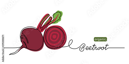 Beetroot vector illustration, background. One line drawing art illustration with lettering organic beetroot.