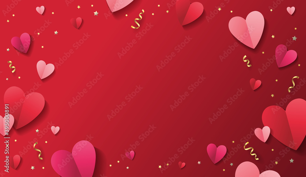 Romantic dark red background for Valentine's Day with paper red and pink hearts and golden confetti. - Vector