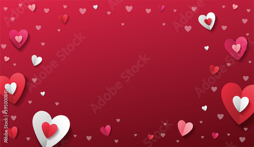 Valentine's Day vector red background with paper red and white hearts