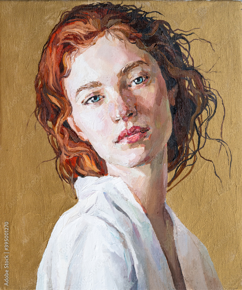Oil painting. Portrait of a red-haired girl on a gold background. The art  is done in a realistic manner. Stock Illustration | Adobe Stock