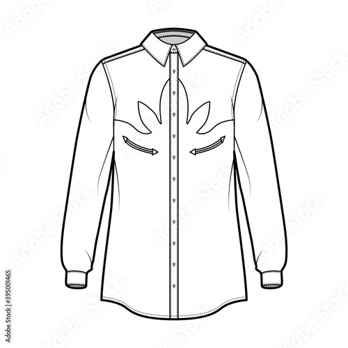 Shirt western technical fashion illustration with long sleeves, reinforced pockets, relax fit, yokes, button-down, regular collar. Flat template front, white color. Women men unisex top CAD mockup