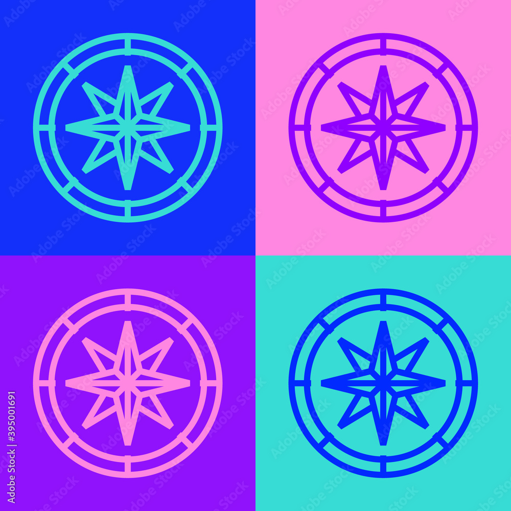 Pop art line Compass icon isolated on color background. Windrose navigation symbol. Wind rose sign. Vector. Pop art line Compass icon isolated on color background. Windrose navigation symbol. Wind rose sign. Vector.