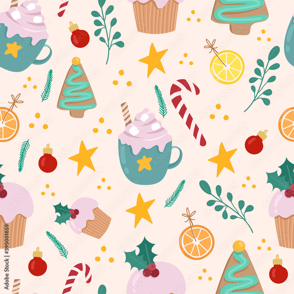 Fototapeta premium Cute seamless pattern of Christmas sweets. Cocoa,gingerbread cookies,orange,candy cane.Christmas and new year wrapping paper. Vector Hand drawn illustation.