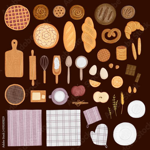 Set of bakery elements. Digital illustration of pastry and kitchen utencils with brown background.