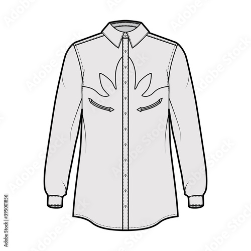 Shirt western technical fashion illustration with long sleeves, reinforced pockets, relax fit, yokes, button-down, regular collar. Flat template front, grey color. Women men unisex top CAD mockup