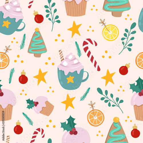 Cute seamless pattern of Christmas sweets. Cocoa,gingerbread cookies,orange,candy cane.Christmas and new year wrapping paper. Vector Hand drawn illustation.