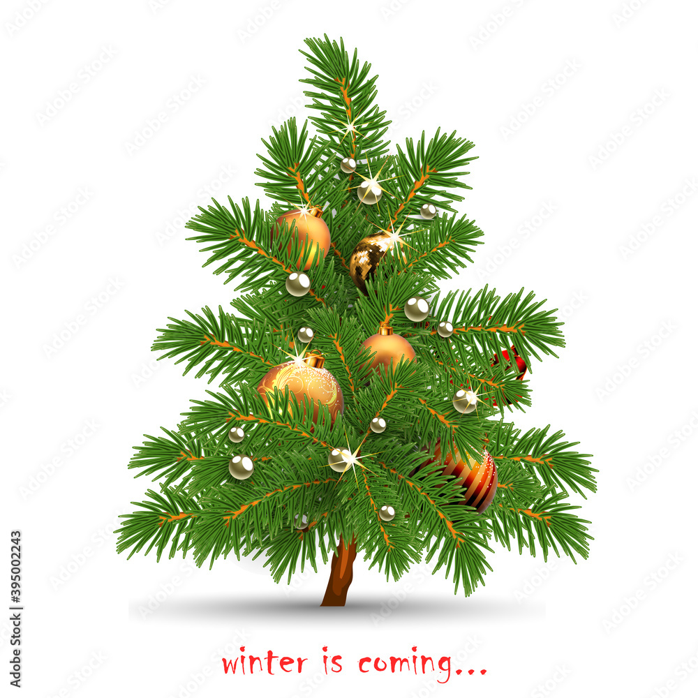 Christmas and New Year card. Christmas tree decorated with balls on a white background. Highly realistic illustration.