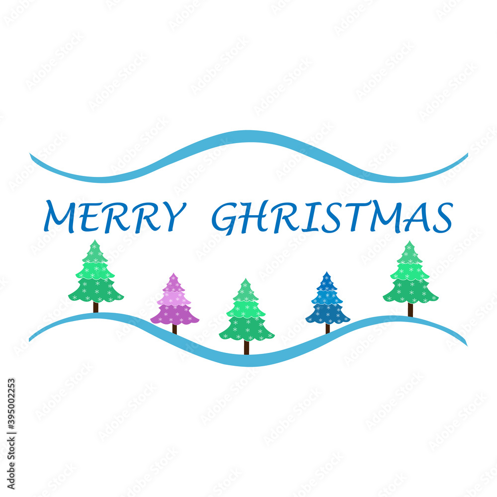 Fototapeta premium Merry Christmas with evergreen trees on white backdrop