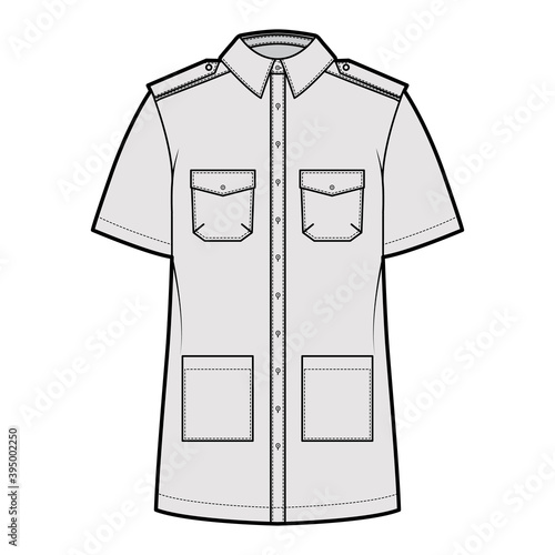 Shirt safari technical fashion illustration with short sleeves, flaps and patch pockets, relax fit, epaulettes, button-down, regular collar. Flat template front, grey color. Women men top CAD mockup