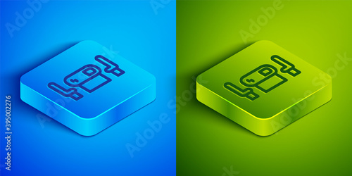 Isometric line Poker table icon isolated on blue and green background. Square button. Vector.